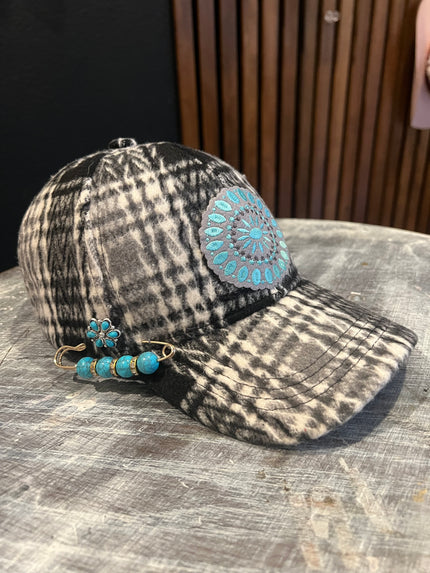 Black and Grey Plaid Flannel Cap - One size