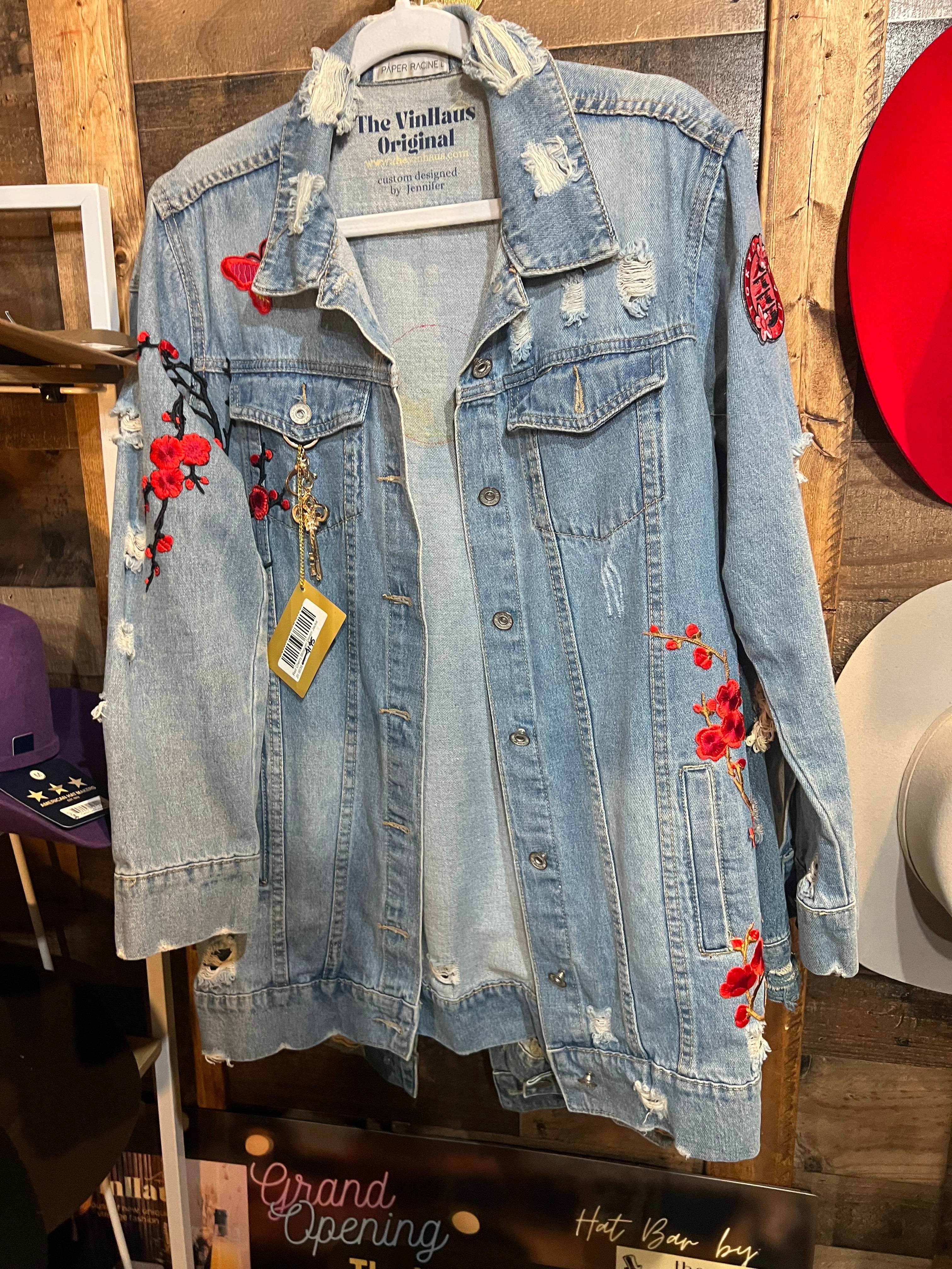 Red Cherry Blossom Denim Jacket - Custom - One-of-a-kind