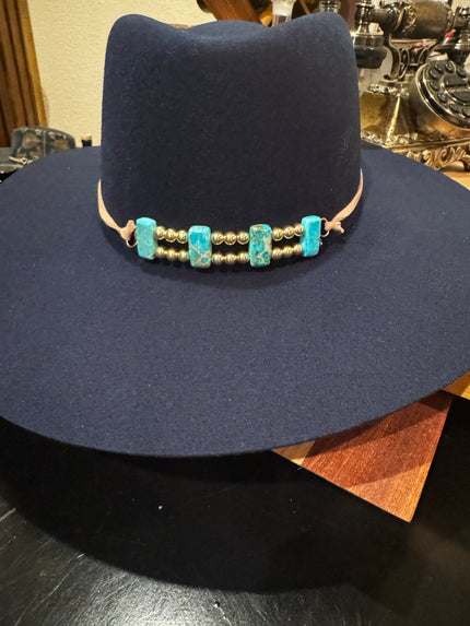 Handmade Turquoise and Gold Beaded hat band - O/S