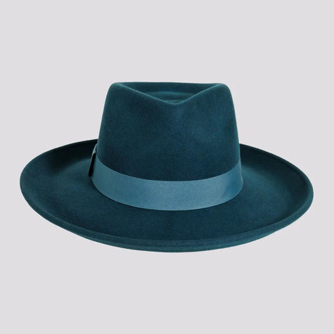 Oakley | Womens Crushable Wool Felt Teardrop Fedora Hat with Curled Brim - Turq and Olive - on sale