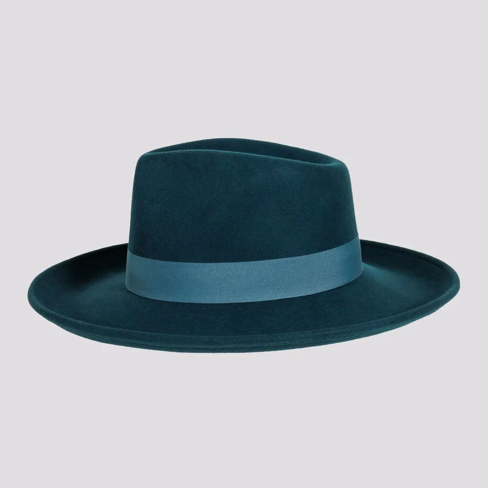 Oakley | Womens Crushable Wool Felt Teardrop Fedora Hat with Curled Brim - Turq and Olive - on sale