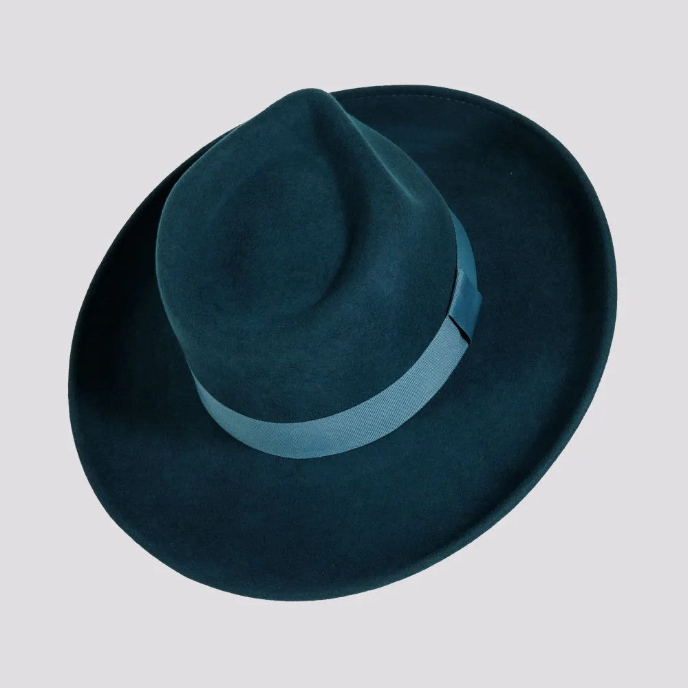 Oakley | Womens Crushable Wool Felt Teardrop Fedora Hat with Curled Brim - Turq and Olive - on sale