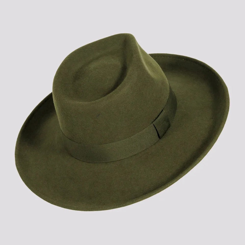Oakley | Womens Crushable Wool Felt Teardrop Fedora Hat with Curled Brim - Turq and Olive - on sale