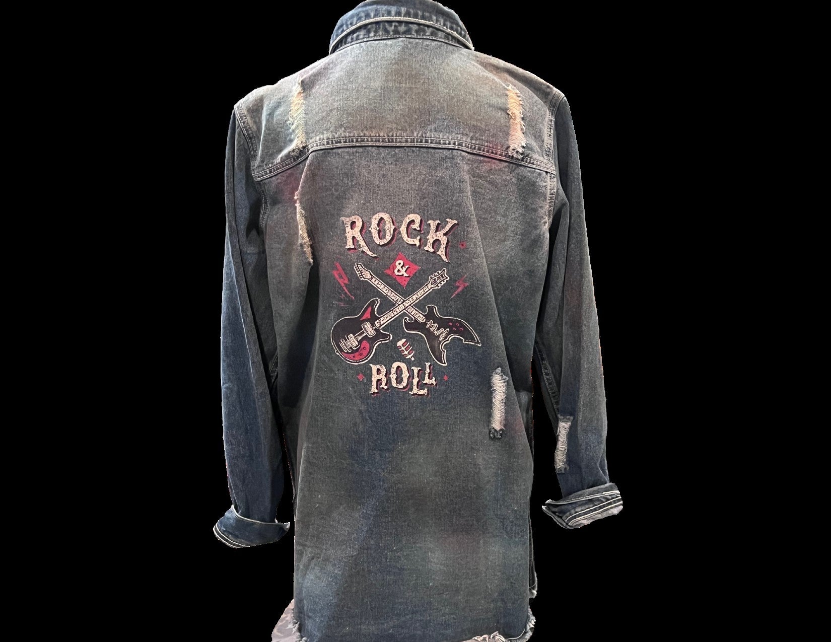 Rocknroll Red Guitar Long Denim Jacket