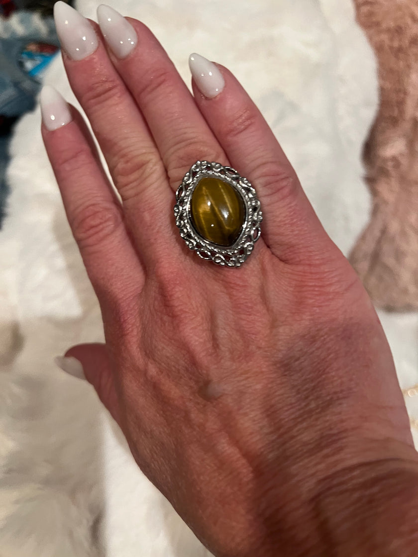 Vintage Tigers Eye Solitaire Ring In Rhodium Size 6