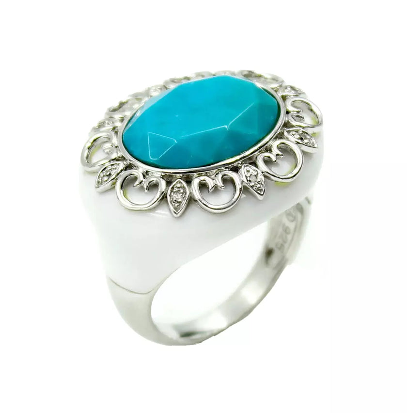 White Agate & Turquoise Stone 925 Sterling Silver Ring Size 6