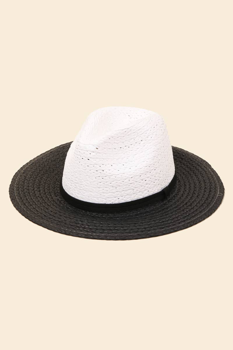 Two Tone Straw Braided Sun Hat: Black and White