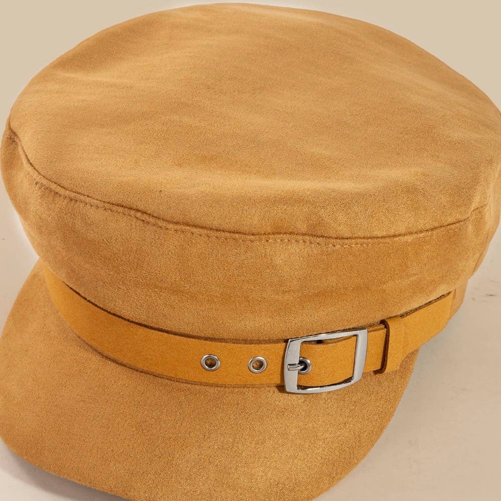 Faux Suede Belt Accent Beret Hat: Mustard