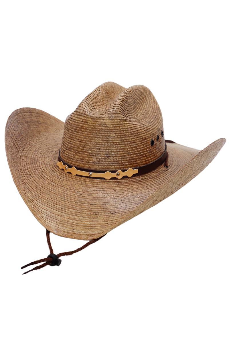 Natural Palm Leaf Straw Cowboy Hat -Eyeleted: Beige/Natural and Brown