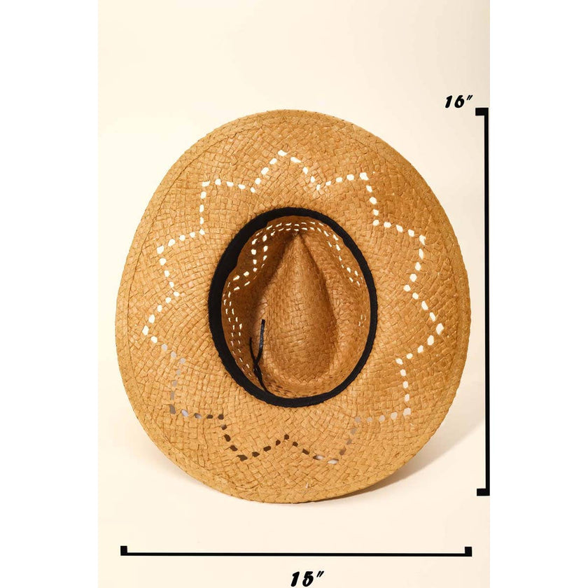 Patterned Brim Straw Sun Hat: Black