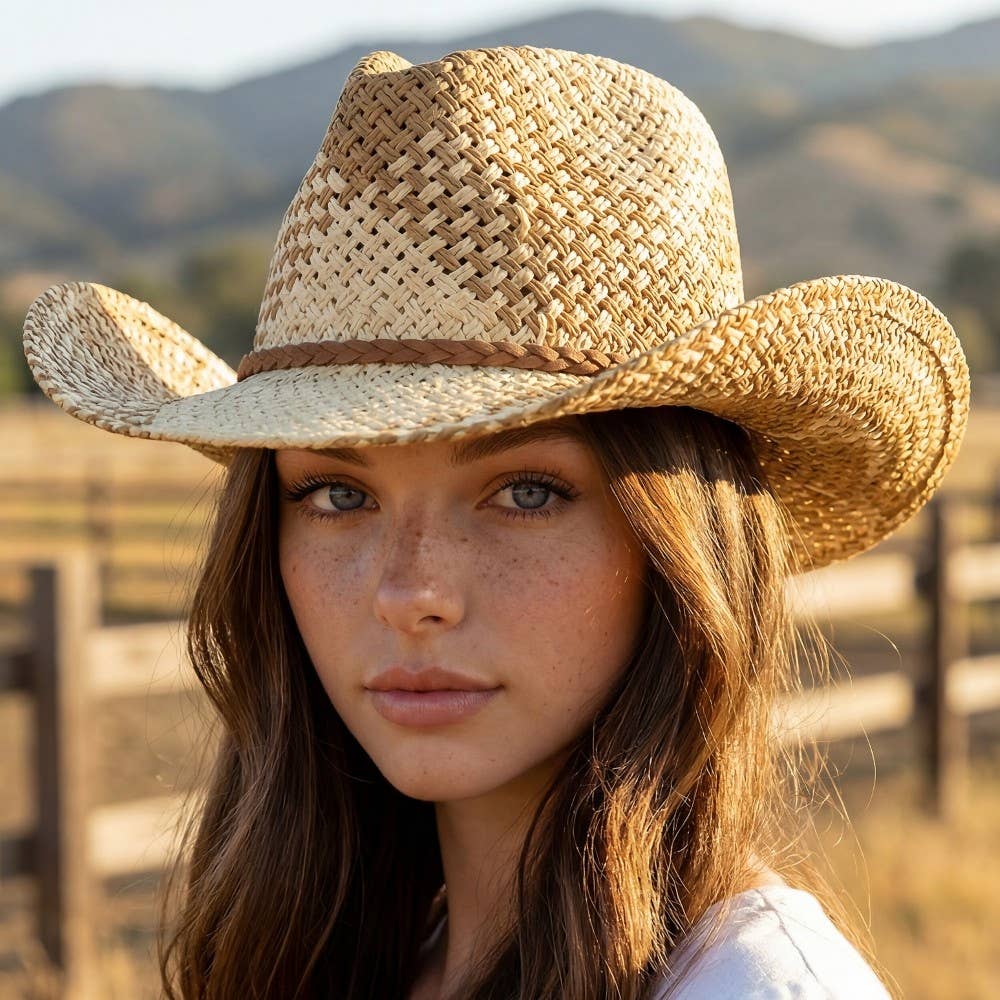Two Tone Straw Braided Patches Color Block Cowboy Hat