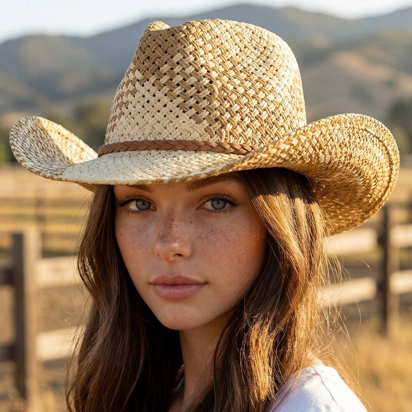 Two Tone Straw Braided Patches Color Block Cowboy Hat
