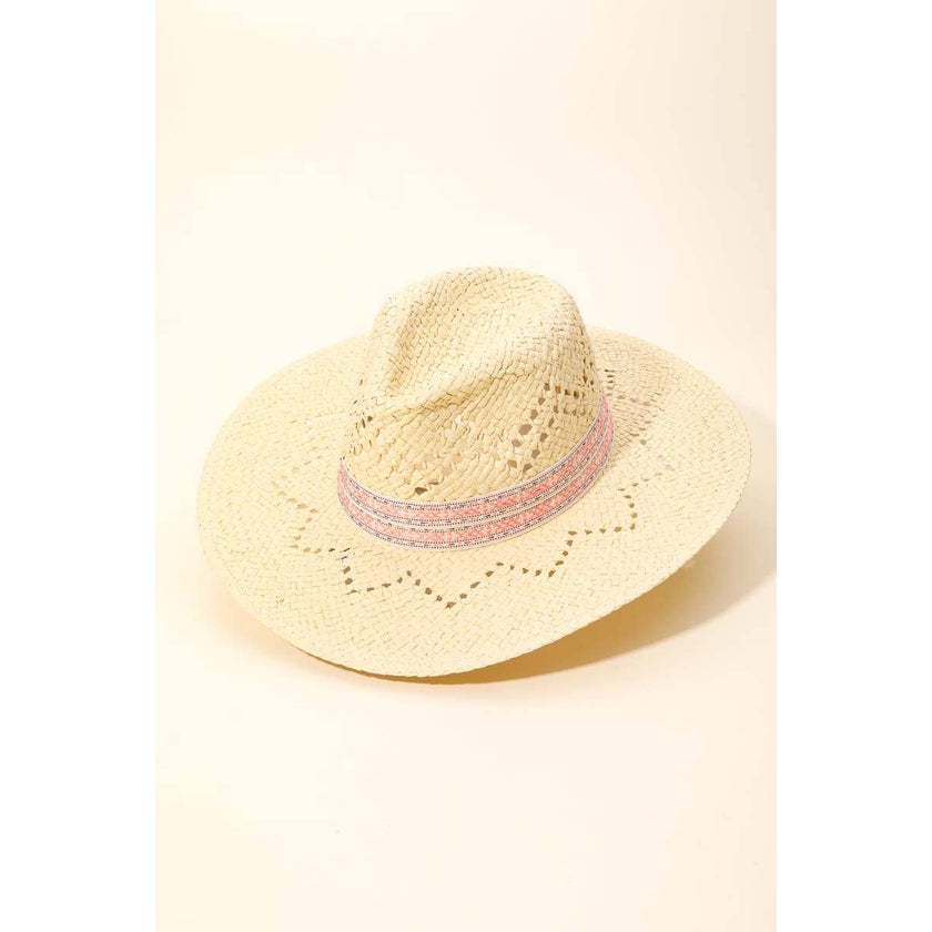 Patterned Brim Straw Sun Hat: Black