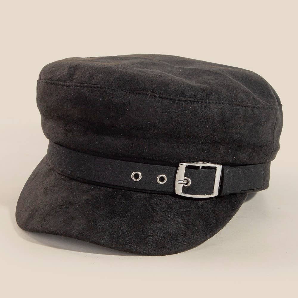 Faux Suede Belt Accent Beret Hat: Mustard