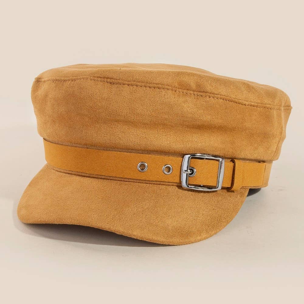 Faux Suede Belt Accent Beret Hat: Mustard